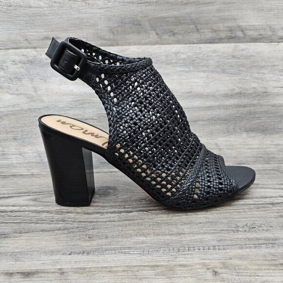 Sam Edelman Evie Basket Weave Open Toe Sling Back Black Block Heel Sandal - Picture 12 of 13